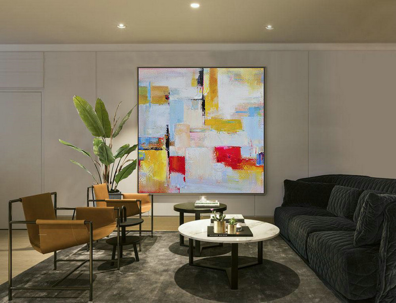 Extra Large Canvas Art,Oversized Palette Knife Painting Contemporary Art On Canvas,Wall Art Ideas For Living Room,Grey,Yellow,Red,Sky Blue.etc